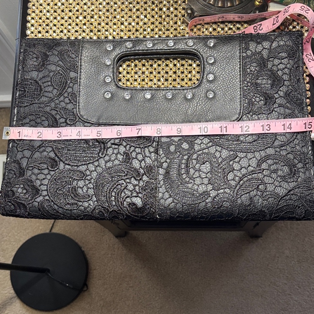 Elegant Black Lace Clutch with Studded Rhinestone Handle - Picture 9 of 10